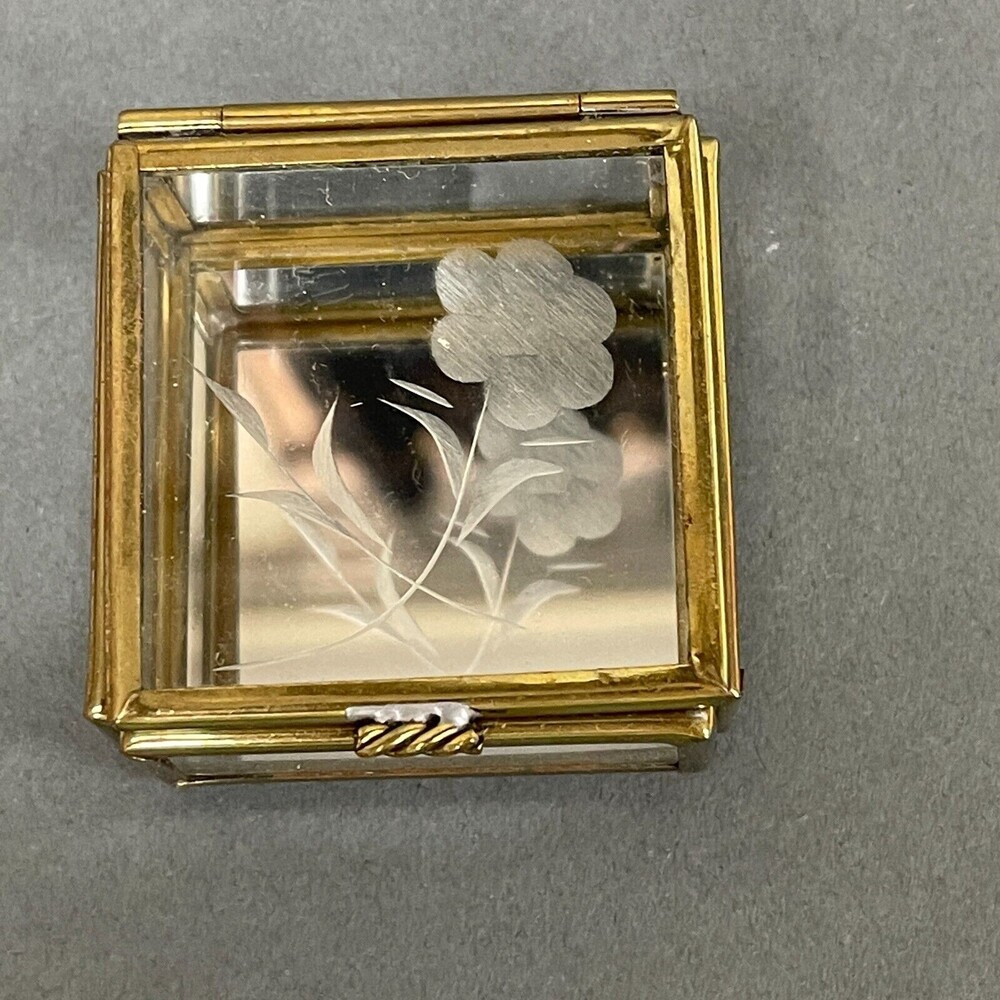 Vintage Glass Brass Mirrored Small Jewelry Trinket Box Square with Flower